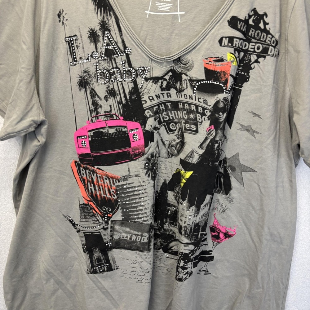 Los Angeles Graphic T-Shirt PERU Womens 26/28 Gray Rhinestone LA V-Neck Cotton - Picture 3 of 8